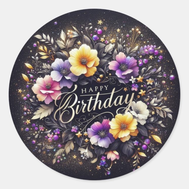 Redonda Elegante Pegatina de cumpleaños negro (Anverso)