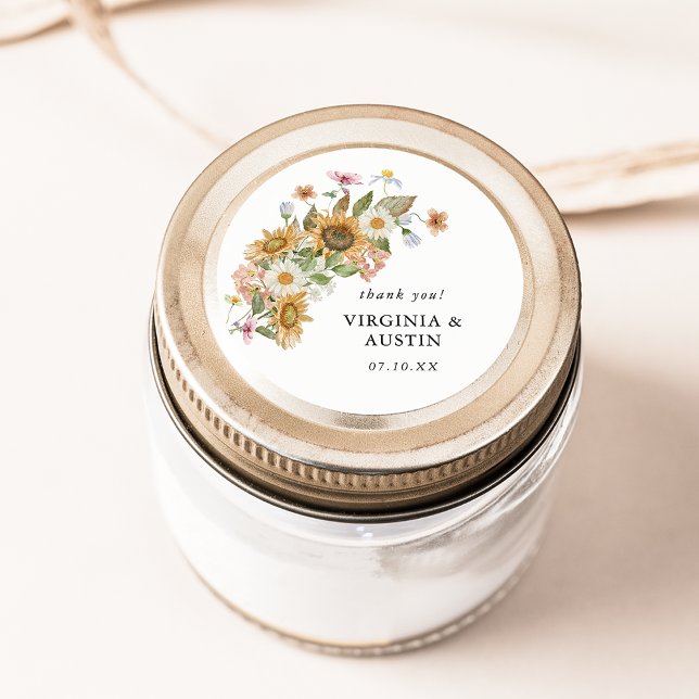 Redonda Elegante Pegatina de girasoles (Elegant Sunflower Wildflower Round Thank You Sticker by Painted Paperie
)