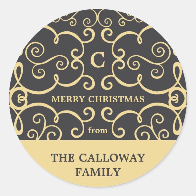 Redonda Elegante Pegatina de vacaciones en monograma / oro (Anverso)