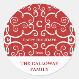 Redonda Elegante Pegatina de vacaciones monograma / rojo