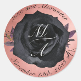 Redonda Elegante Pegatina del Boda de Monograma Rosa negro