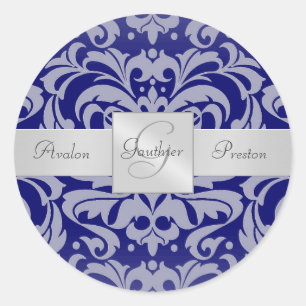 Redonda Elegante Pegatina del Monograma Royal Blue Damask