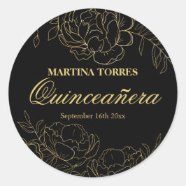 Redonda Elegante Quinceanera Pegatina floral negro y dorad