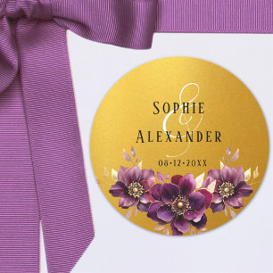 Redonda Elegantes nombres florales Fecha Boda Pegatina Dor