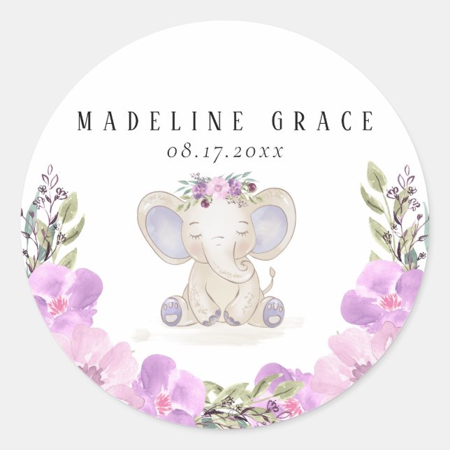 Redonda Elephant Baby Girl Baby Shower Pegatina (Anverso)
