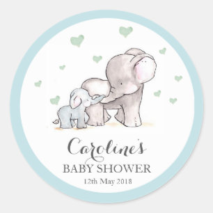 Redonda Elephant Love Blue Baby Shower Pegatina 