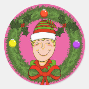 Redonda Elf en Wreath Holiday Pegatina