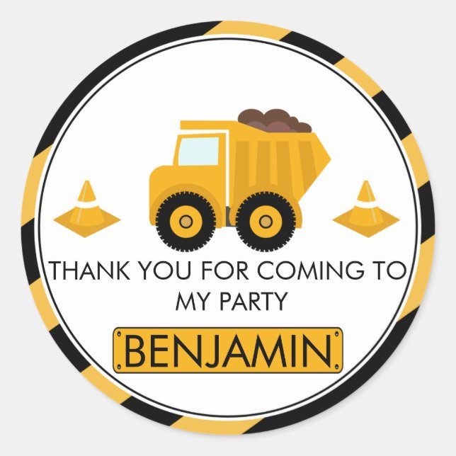 Redonda En construcción Camión Cumpleaños Pegatina Favor (Anverso)