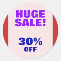 "¡ENORME VENTA!" Pegatina redondo "30% OFF"