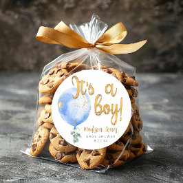 Redonda Es un niño Pegatina de Baby Shower con globo azul