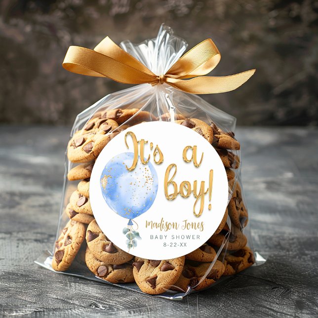 Redonda Es un niño Pegatina de Baby Shower con globo azul (Its A Boy Favor Stickers)