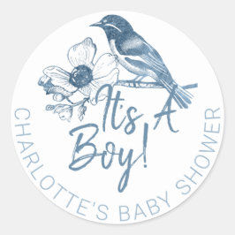 Redonda Es un niño Pegatina de Baby Shower - Pájaro azul t
