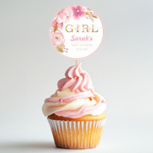 Redonda Es un Pegatina Chica de Baby Shower con flores ros