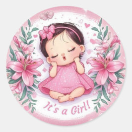 Redonda Es una niña - Pegatina floral para baby shower