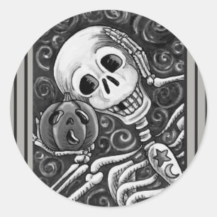 REDONDA ESCUCHE SU PUMPKIN, PEGATINA DE HALLOWEEN SKELETON