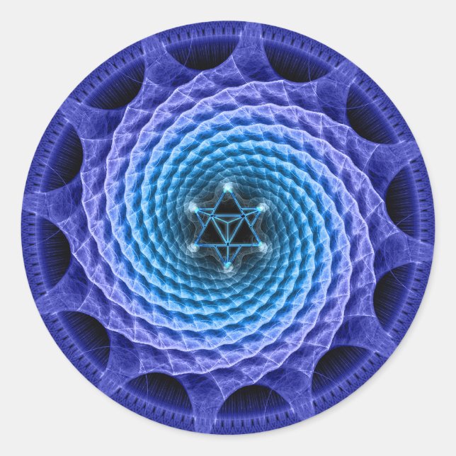 Redonda Espiral de Merkaba Mandala Pegatina fractal azul (Anverso)