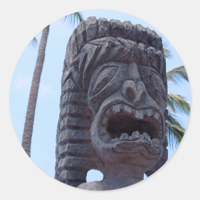 Redonda Estatua de Tiki en Kona, Hawaii - Pegatina (Anverso)