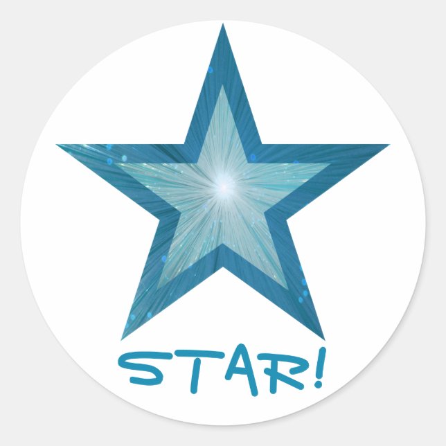 Redonda Estrella azul 'STAR!' blanco pegatina redondo (Anverso)