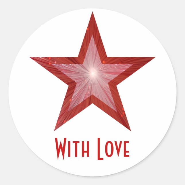 Redonda Estrella roja 'Con amor' blanco redondo pegatina (Anverso)