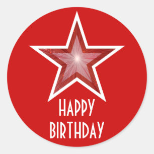 Redonda Estrella roja: pegatina rojo "Feliz cumpleaños"