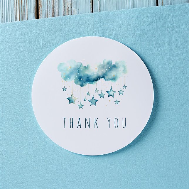 Redonda Estrellas azules gracias pegatina (Watercolor Blue Starry Sky fun thank you sticker for your baby shower.)