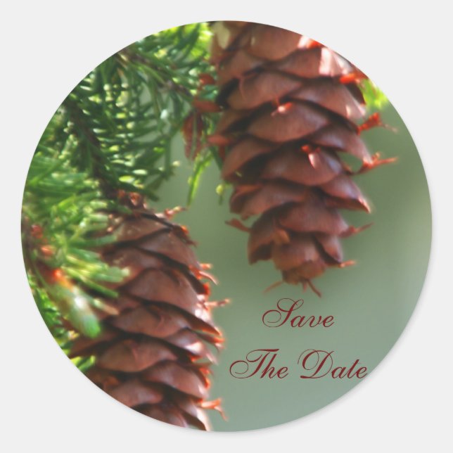Redonda Evergreen Pinecone Guardar El Pegatina Del Boda De (Anverso)