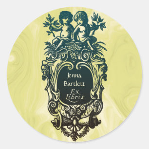 Redonda Ex Libris Cartouche & Cherubs Pegatina