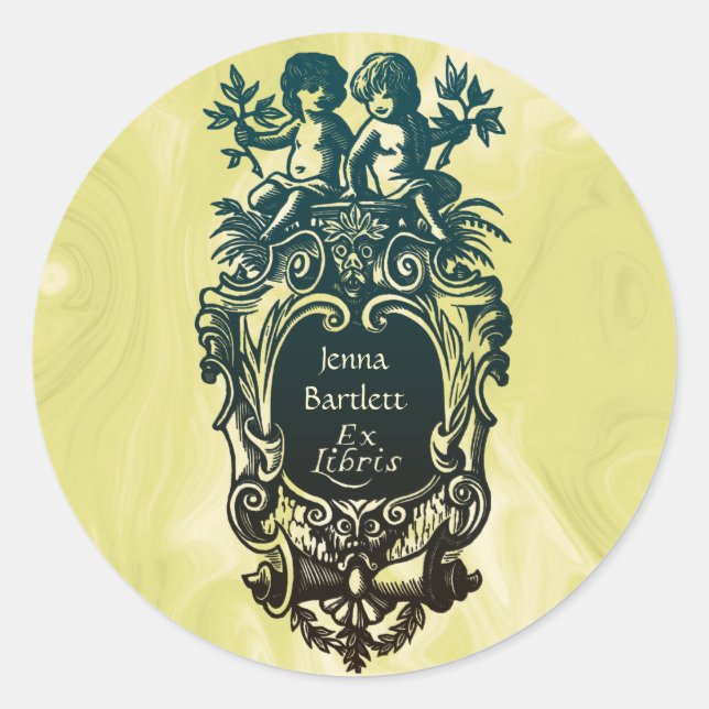 Redonda Ex Libris Cartouche & Cherubs Pegatina (Anverso)