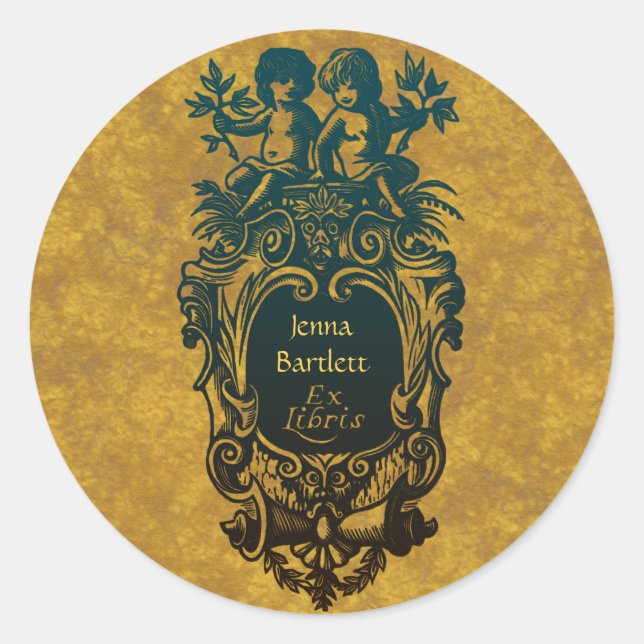 Redonda Ex Libris Cartouche & Cherubs Pegatina (Anverso)