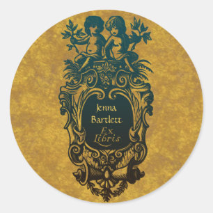 Redonda Ex Libris Cartouche & Cherubs Pegatina