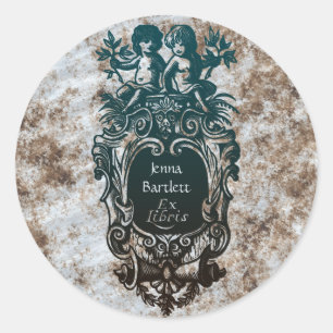 Redonda Ex Libris Cartouche & Cherubs Pegatina