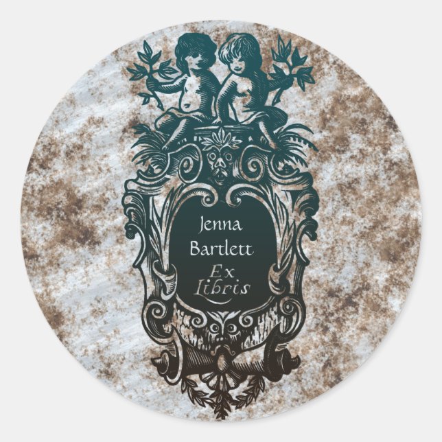 Redonda Ex Libris Cartouche & Cherubs Pegatina (Anverso)