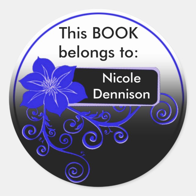 Redonda Ex Libris Pegatina (azul floral) (Anverso)