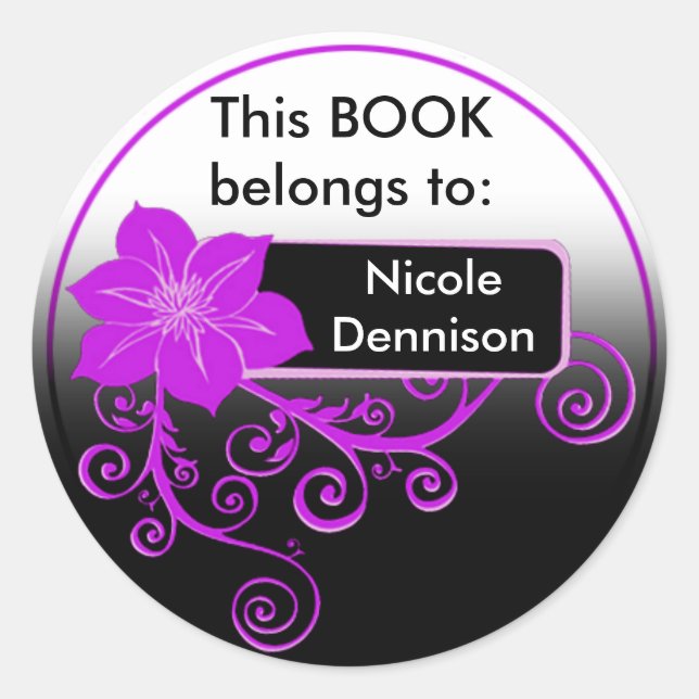 Redonda Ex Libris Pegatina (púrpura floral) (Anverso)