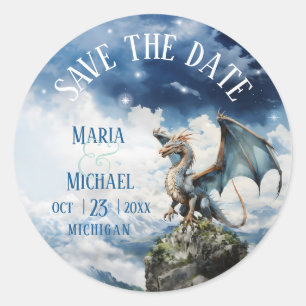 Redonda Fantasy Blue Dragon Wedding Save the Date Pegatina