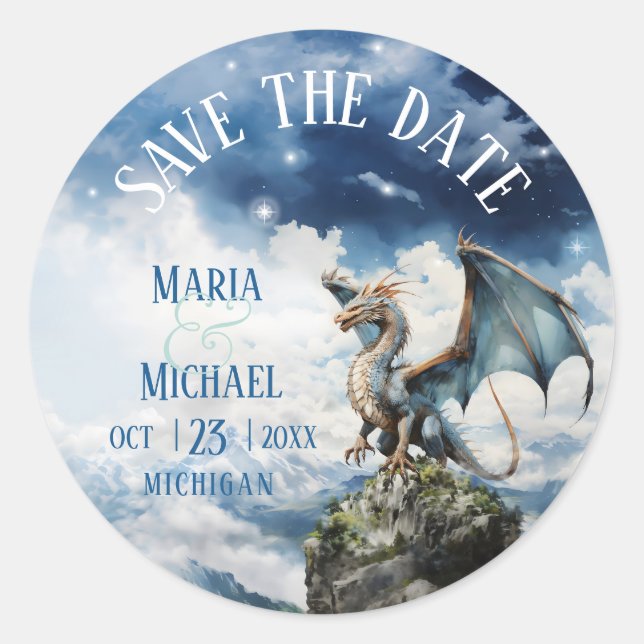 Redonda Fantasy Blue Dragon Wedding Save the Date Pegatina (Anverso)