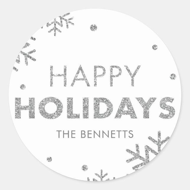 Redonda Felices vacaciones Pegatina Faux Silver (Anverso)