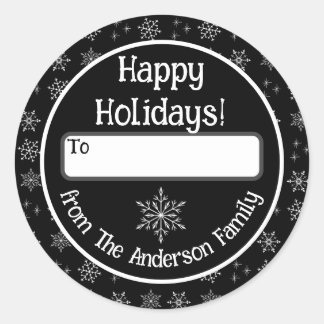 Redonda Felices vacaciones Pegatina negro con copos de nie