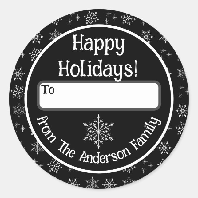 Redonda Felices vacaciones Pegatina negro con copos de nie (Anverso)