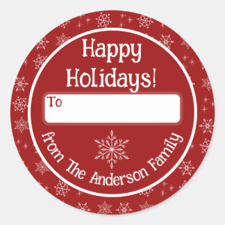 Redonda Felices vacaciones Pegatina rojo con copos de niev