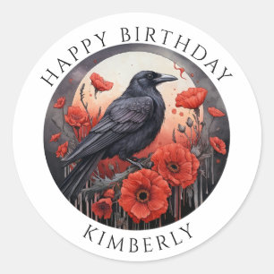 Redonda Feliz cumpleaños Crow Bird Flowers Pegatina