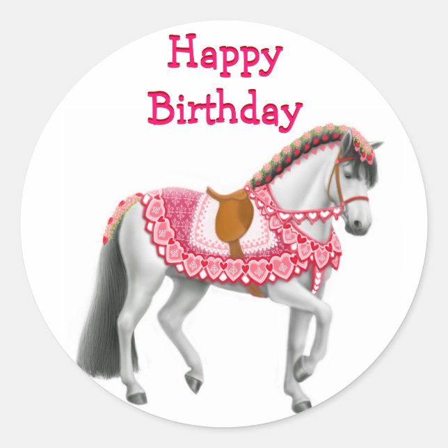 Redonda Feliz cumpleaños Desfile Rosa Pegatina de caballos (Anverso)