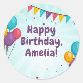 Redonda Feliz cumpleaños Fiesta luz azul Pegatina de globo