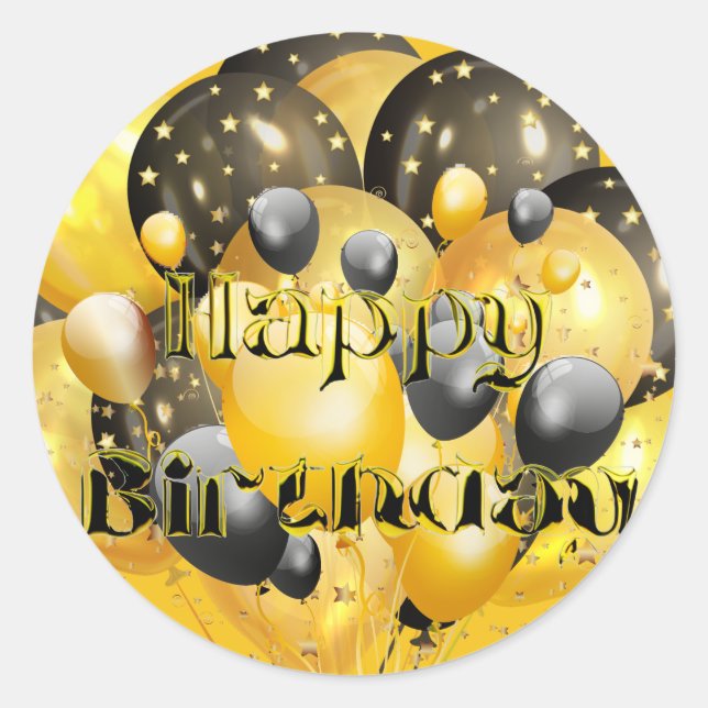 Redonda Feliz cumpleaños Globos Pegatina de Oro Negro (Anverso)