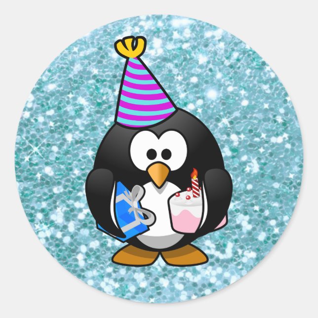 Redonda Feliz cumpleaños, lindo pingüino con Pegatina de r (Anverso)