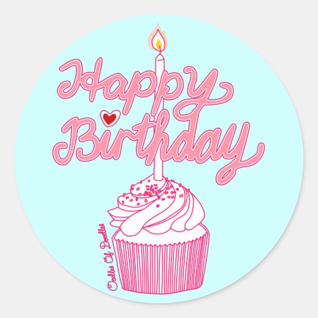 Redonda Feliz cumpleaños, pastelito Doodle Art Pegatina (Anverso)