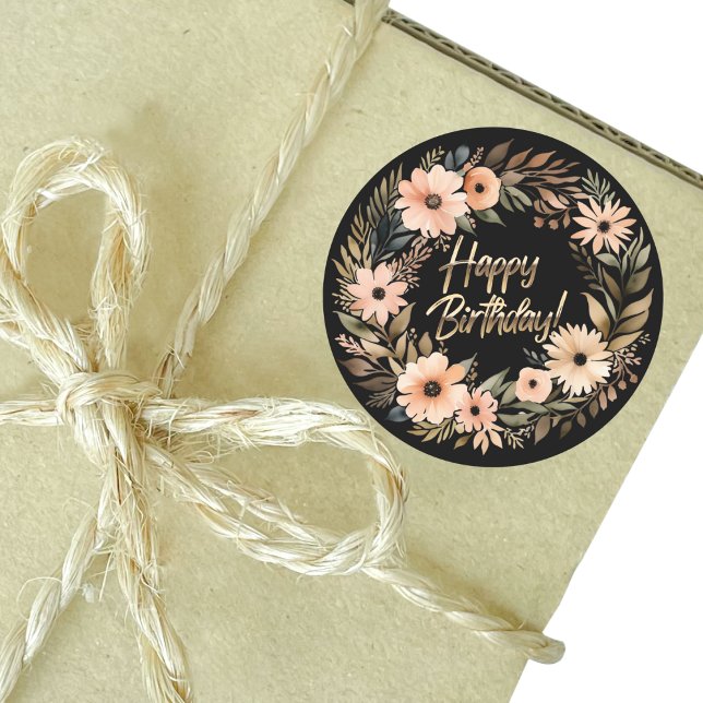 Redonda Feliz cumpleaños Pegatina con flores acuáticas (Happy Birthday Sticker with Watercolor Flowers Mockup 1)