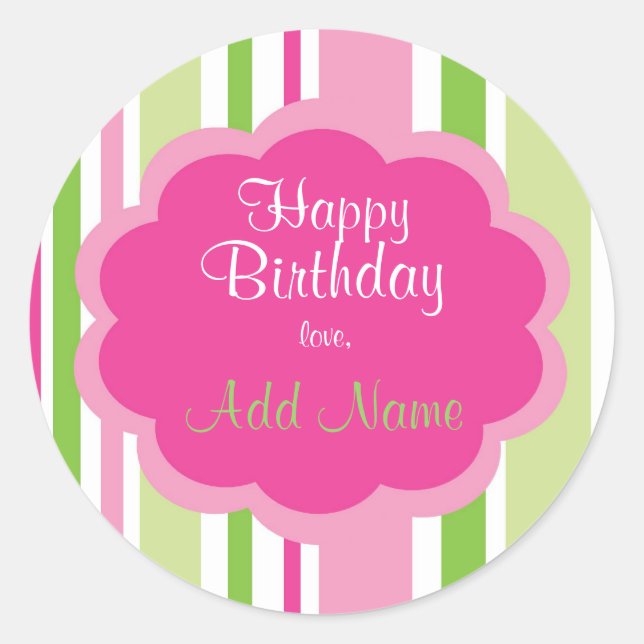 Redonda Feliz cumpleaños Pegatina rosa y verde (Anverso)