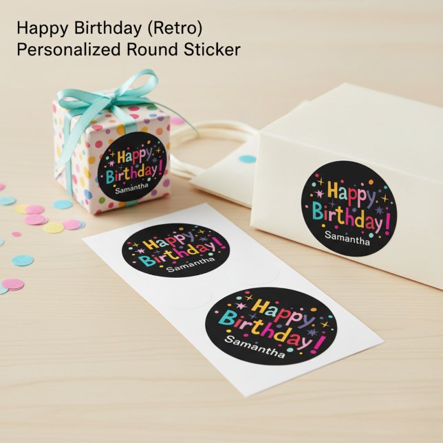 Redonda Feliz cumpleaños (Retro) Pegatina de Ronda Persona (Happy Birthday (Retro) Personalized Round Sticker)