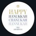 Redonda Feliz Hanukkah Chanukah Pegatina de vacaciones<br><div class="desc">En este diseño se incorpora el diseño de Relieve metalizado de oro simulado falso. Personalice el texto personalizado anterior. En nuestra colección "Happy Hanukkah Chanukah" se pueden encontrar elementos de coordinación adicionales.</div>